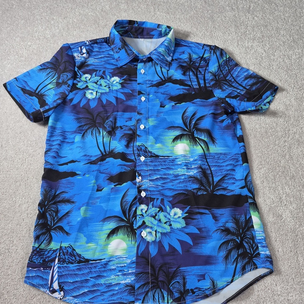 Men's Blue Hawaiian Shirt Short Sleeve Summer Button Down Beach Shirt Size Small